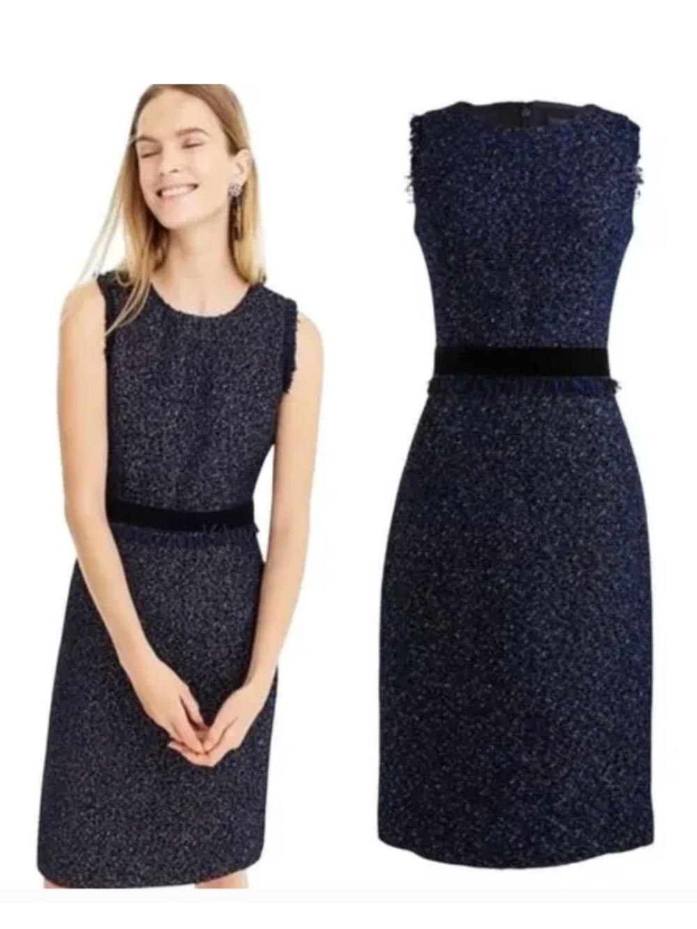 J. Crew Navy Tweed Sheath Dress with Velvet Waistband